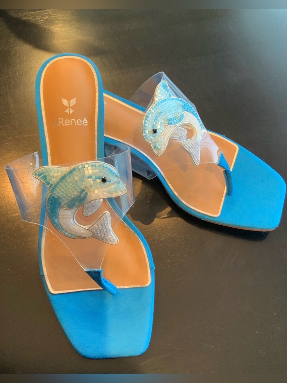 J. Reneé Thong Sandal 8.5 Blue Beaded Dolphin Mirror Orb Heel new without box